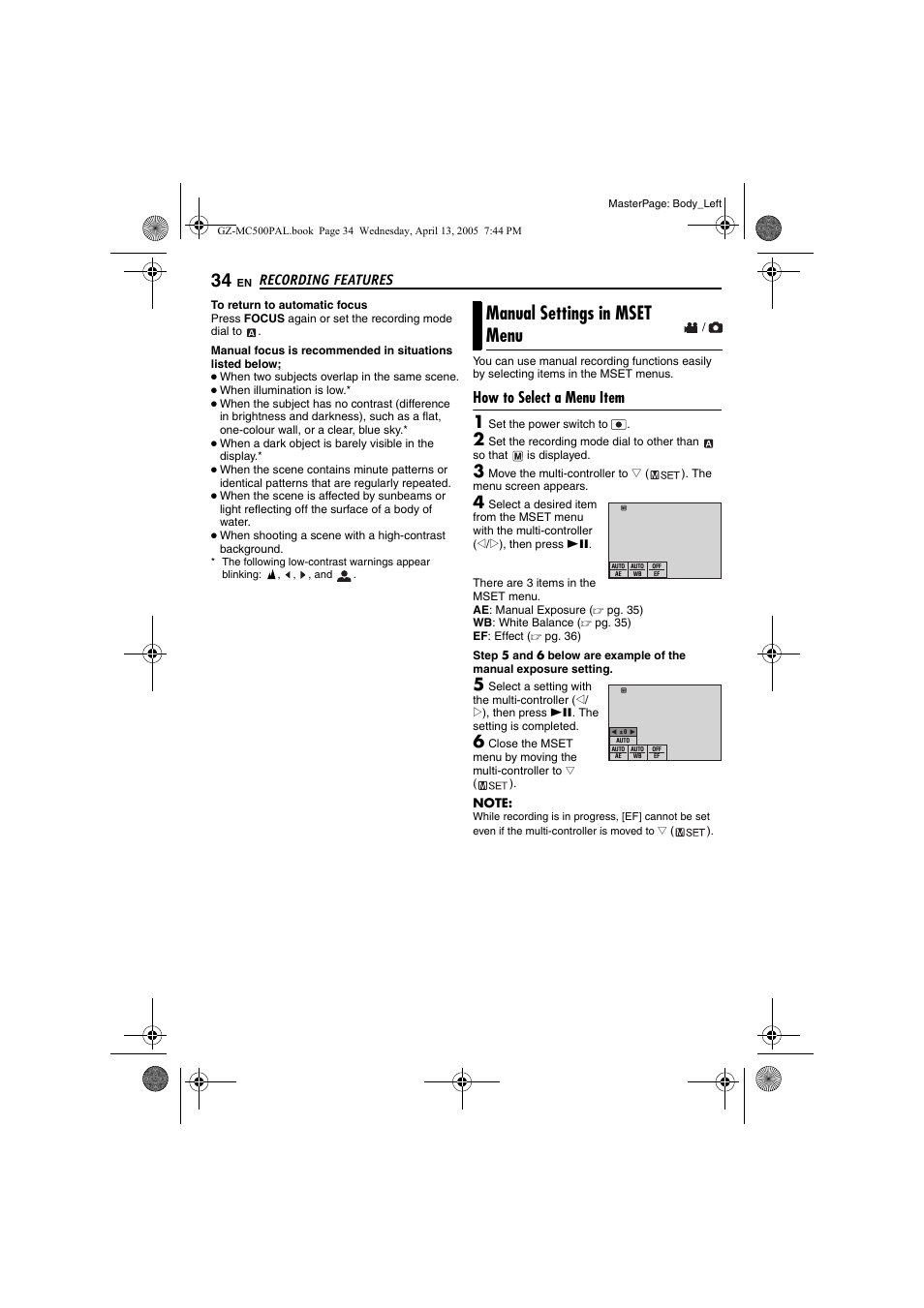 Manual settings in mset menu, How to select a menu item, Pg. 34) | Recording features | JVC GZ-MC500E/EK User Manual | Page 34 / 64