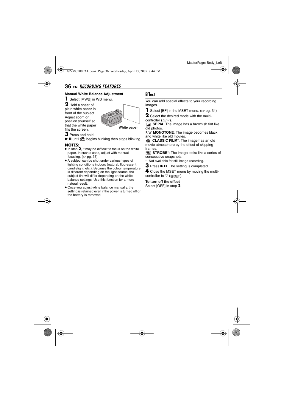 Effect, Pg. 36), R (੬ pg. 36) | Manual white balance adjustment | JVC GZ-MC500E/EK User Manual | Page 36 / 64