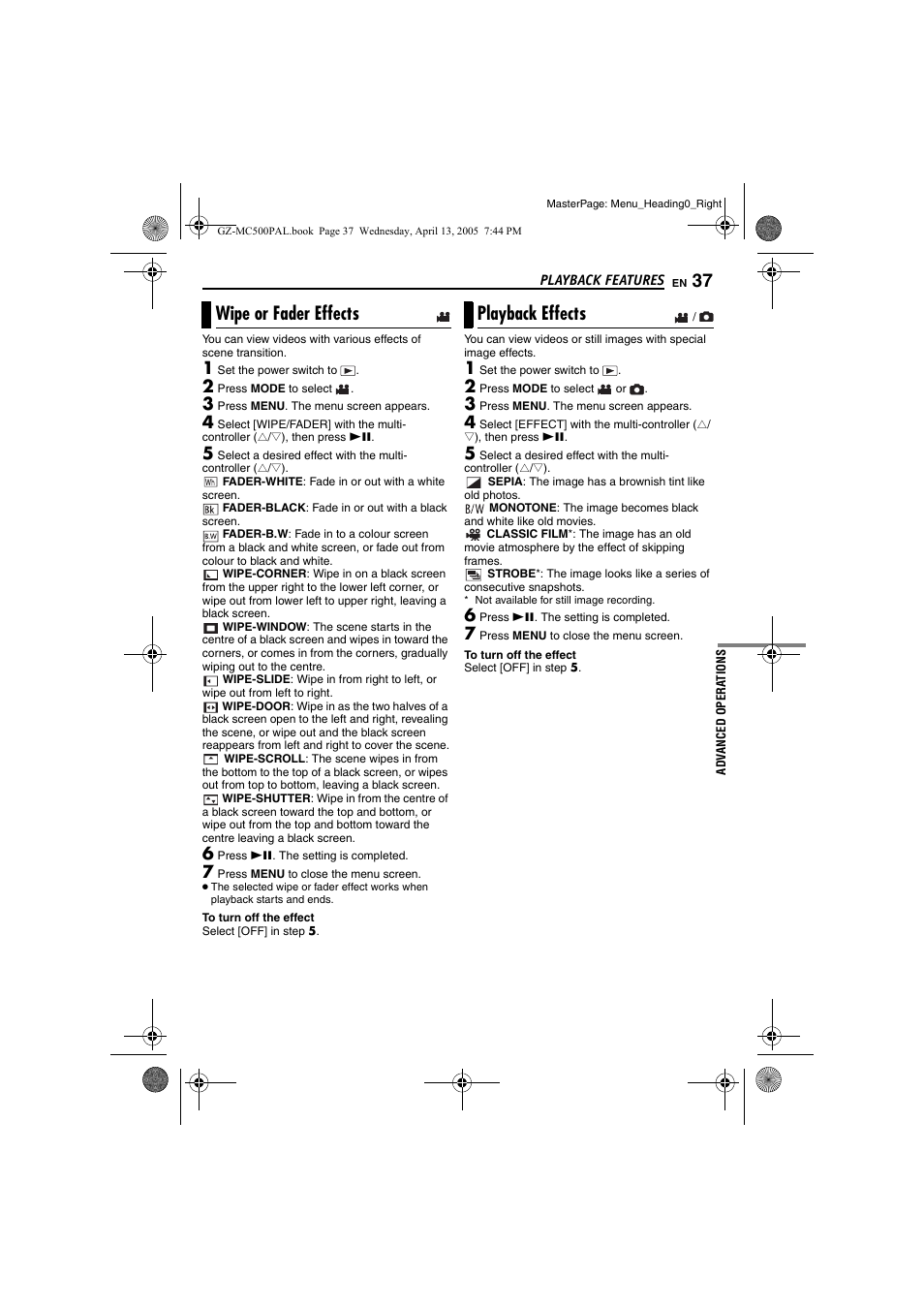 Playback features, Wipe or fader effects, Playback effects | Wipe or fader effects playback effects, Pg. 37 | JVC GZ-MC500E/EK User Manual | Page 37 / 64