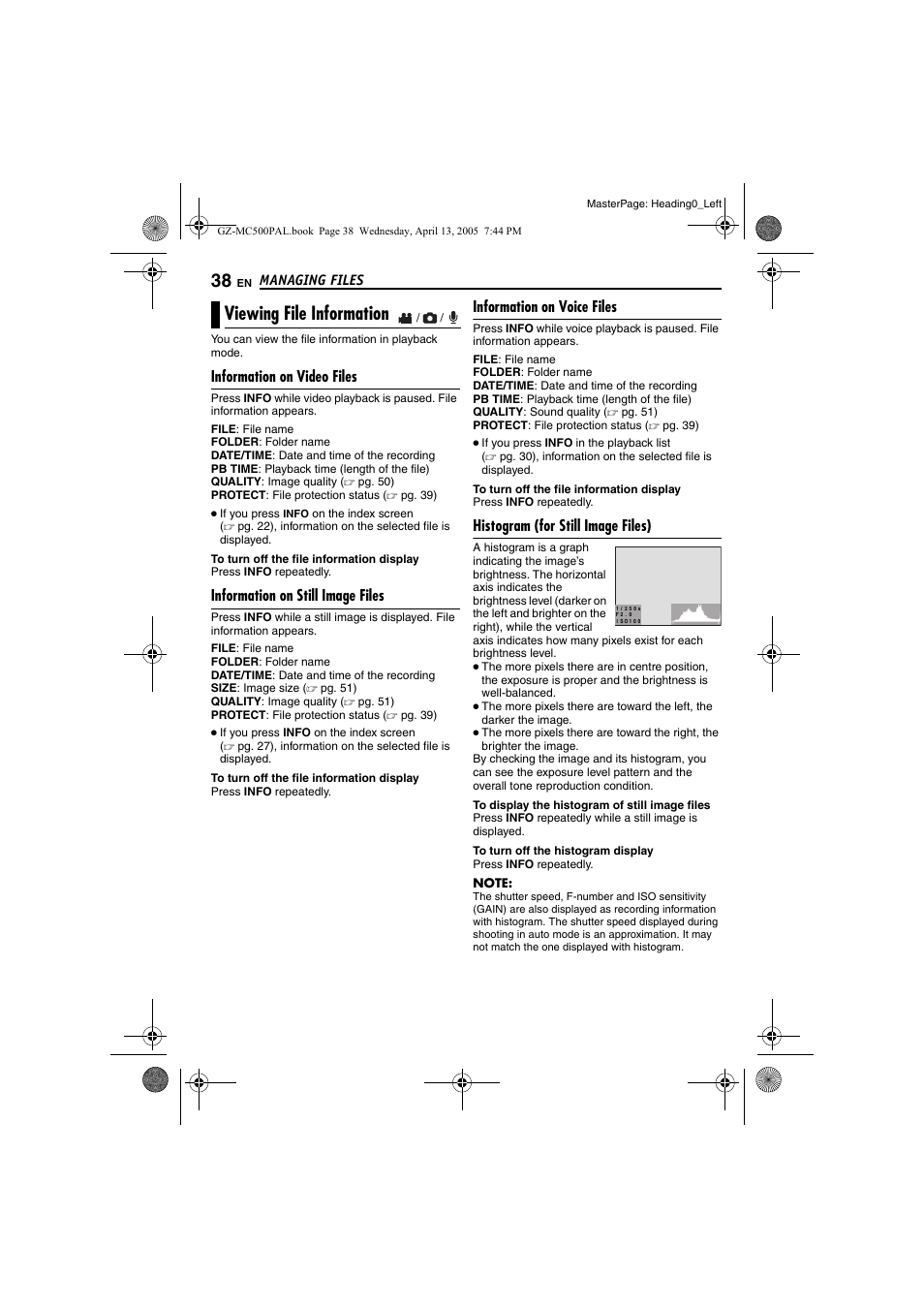 Managing files, Viewing file information, Information on video files | Information on still image files, Information on voice files, Histogram (for still image files), Info] (੬ pg. 38), Pg. 38) | JVC GZ-MC500E/EK User Manual | Page 38 / 64