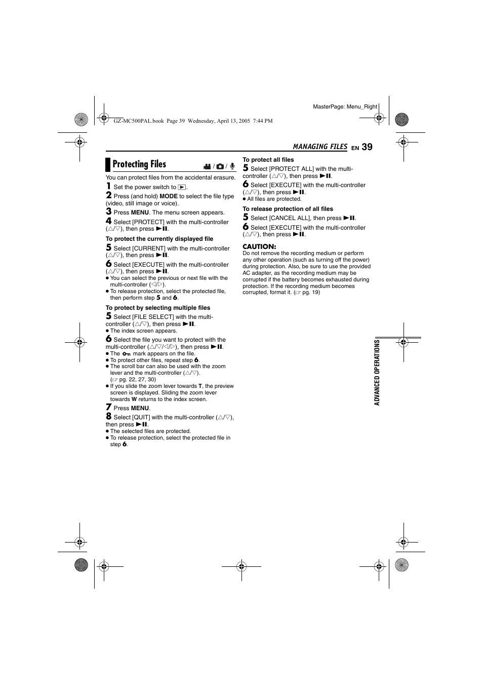 Protecting files, Pg. 39) | JVC GZ-MC500E/EK User Manual | Page 39 / 64