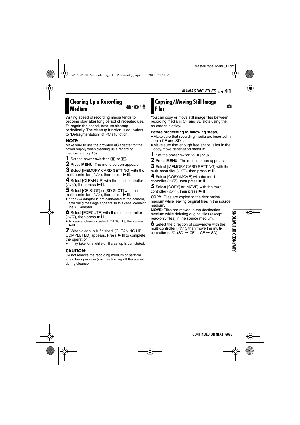 Cleaning up a recording medium, Copying/moving still image files, D the data | JVC GZ-MC500E/EK User Manual | Page 41 / 64
