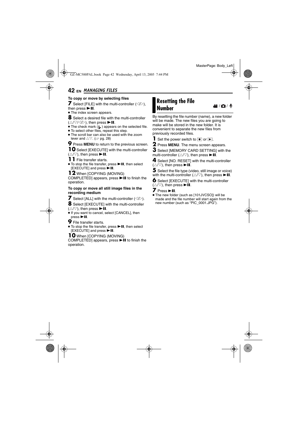 Resetting the file number | JVC GZ-MC500E/EK User Manual | Page 42 / 64
