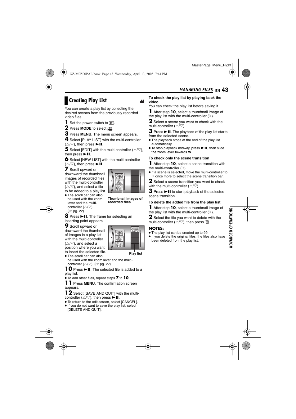 Creating play list, M lever | JVC GZ-MC500E/EK User Manual | Page 43 / 64