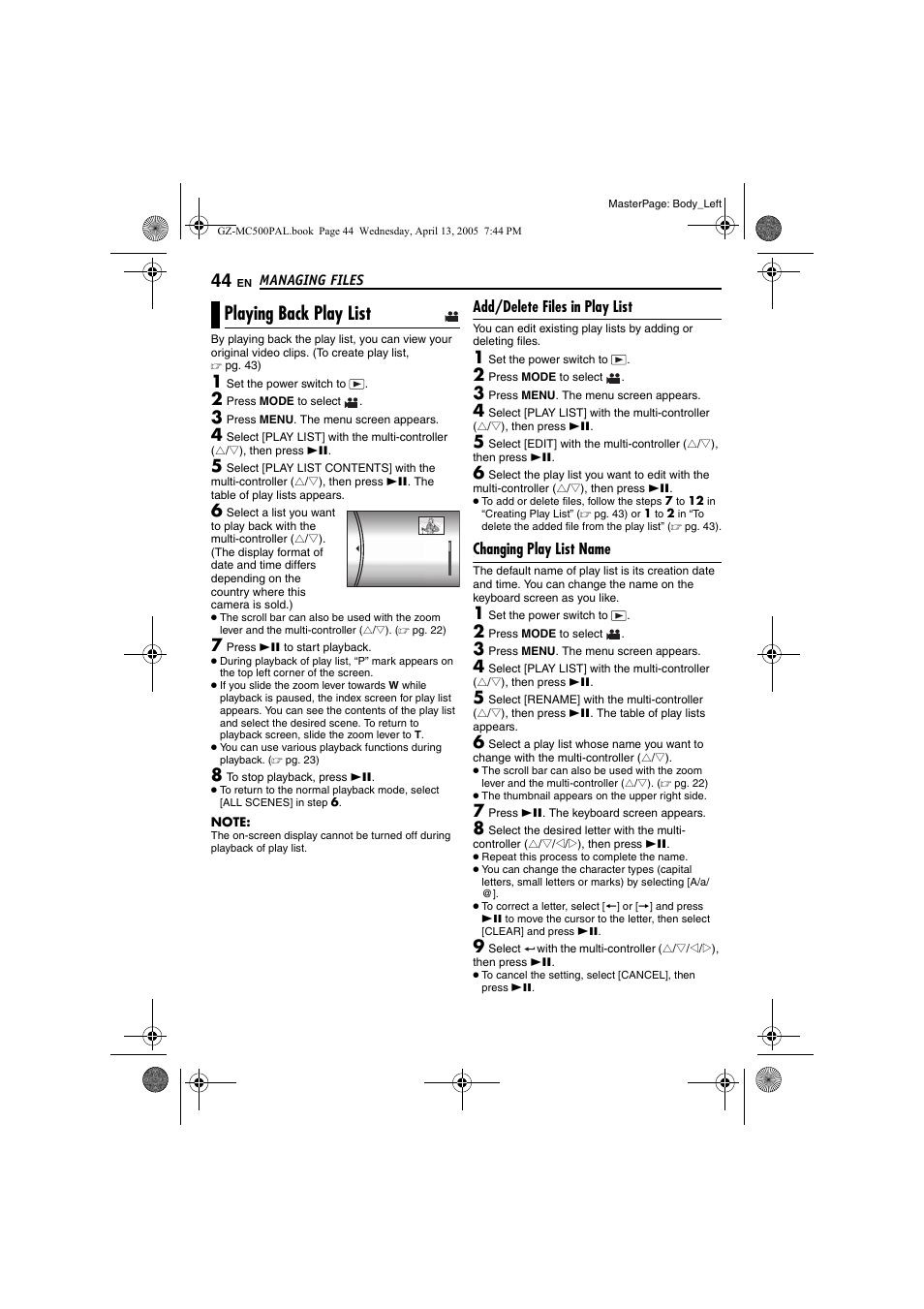 Playing back play list, Add/delete files in play list, Changing play list name | Pg. 44) | JVC GZ-MC500E/EK User Manual | Page 44 / 64