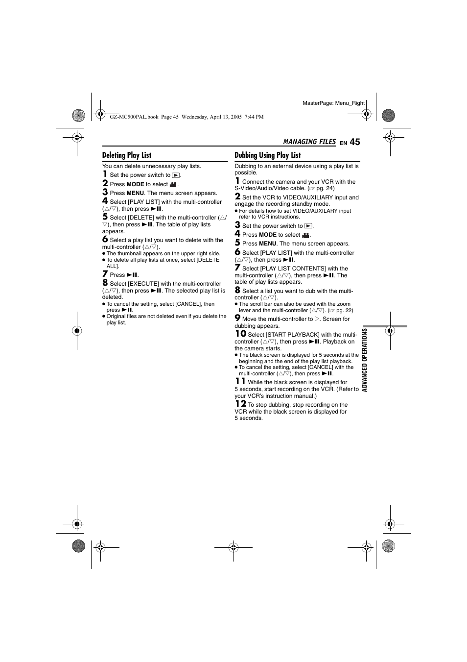 Deleting play list, Dubbing using play list | JVC GZ-MC500E/EK User Manual | Page 45 / 64