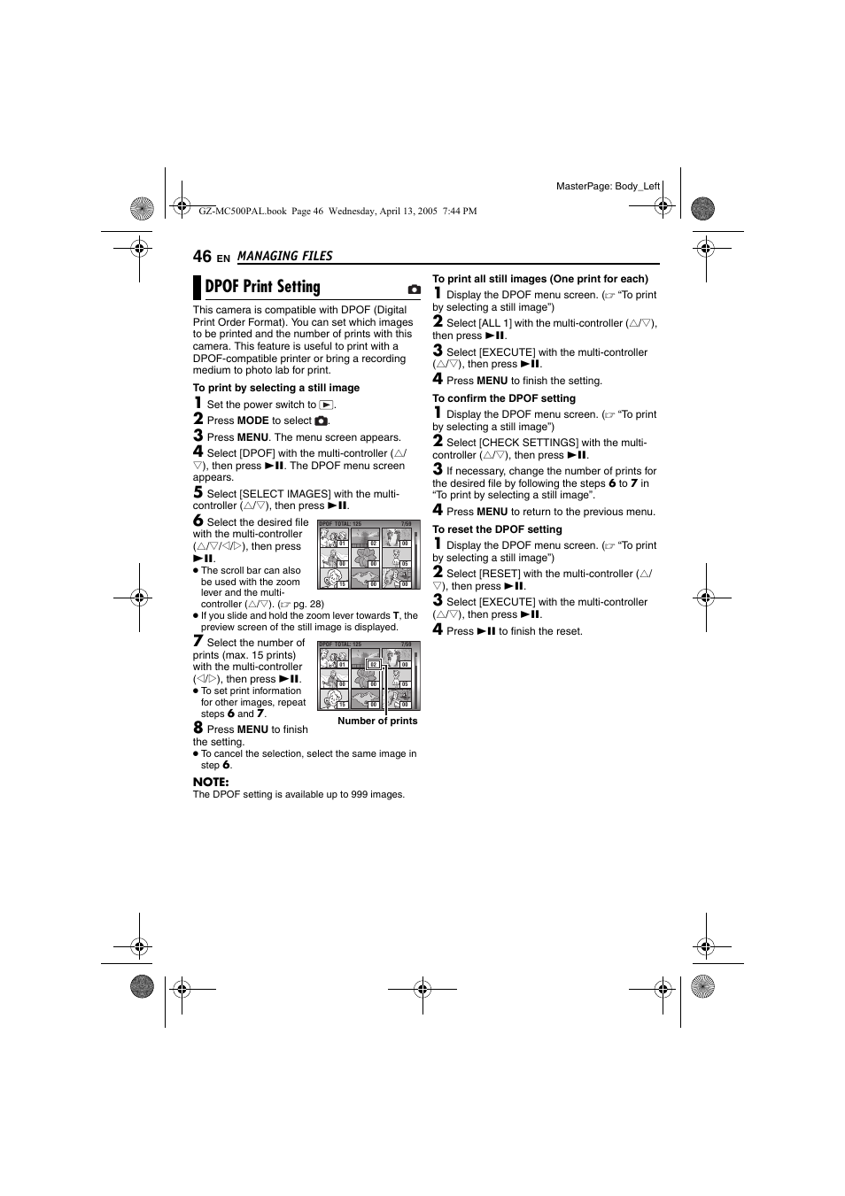 Dpof print setting, Dpof, Pg. 46) | JVC GZ-MC500E/EK User Manual | Page 46 / 64