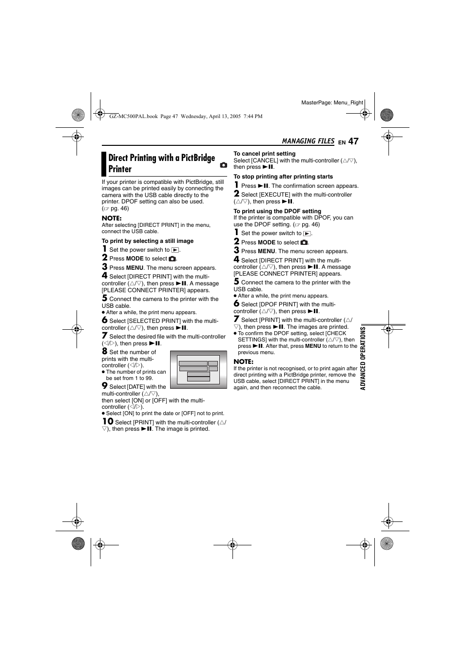 Direct printing with a pictbridge printer, Pg. 47) | JVC GZ-MC500E/EK User Manual | Page 47 / 64
