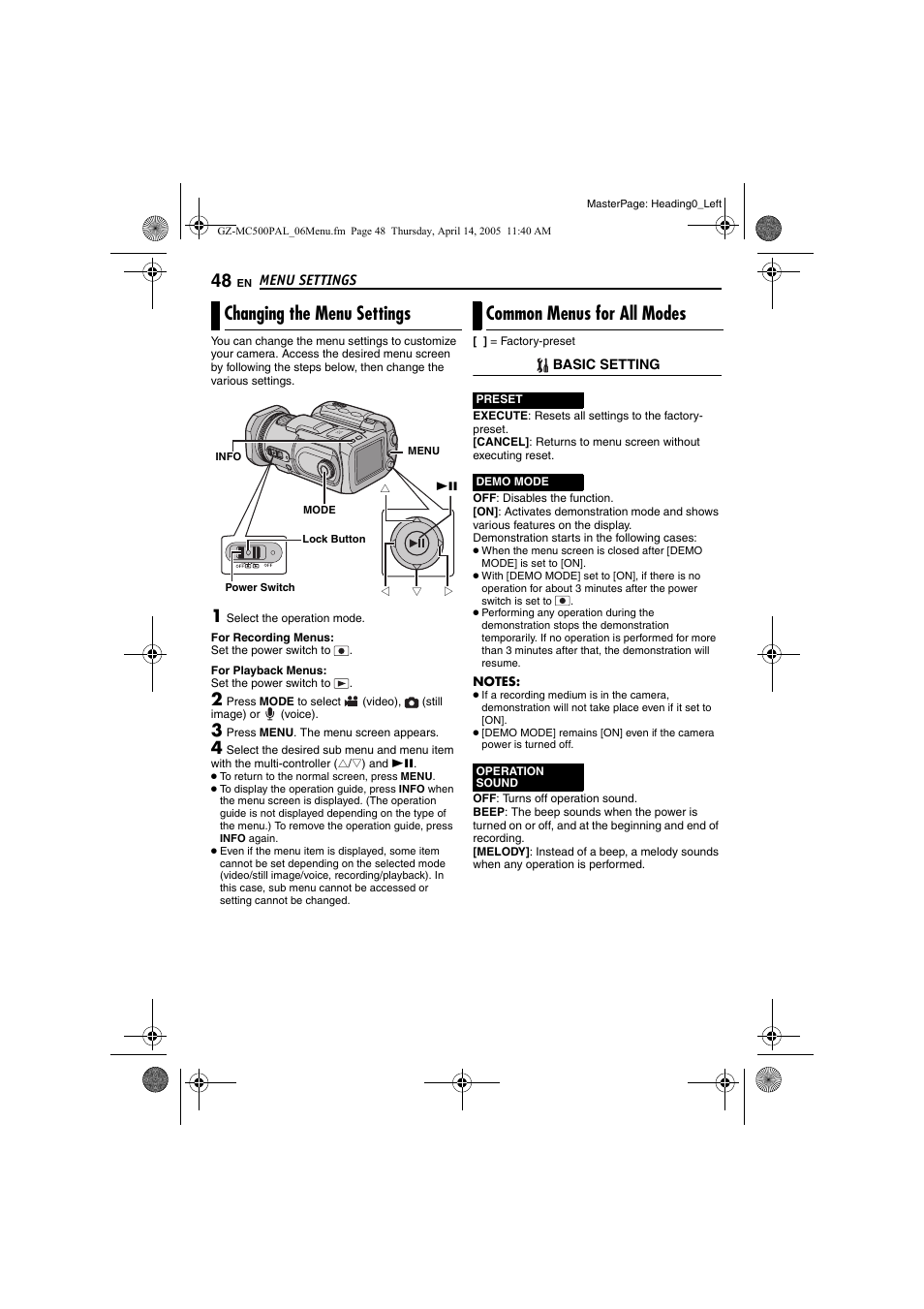 Menu settings, Changing the menu settings, Common menus for all modes | Pg. 48), Pg. 48, 49, Ges 48, 19, 48 an, Pg. 48, Pg. 48, 49), 48 and 49 | JVC GZ-MC500E/EK User Manual | Page 48 / 64