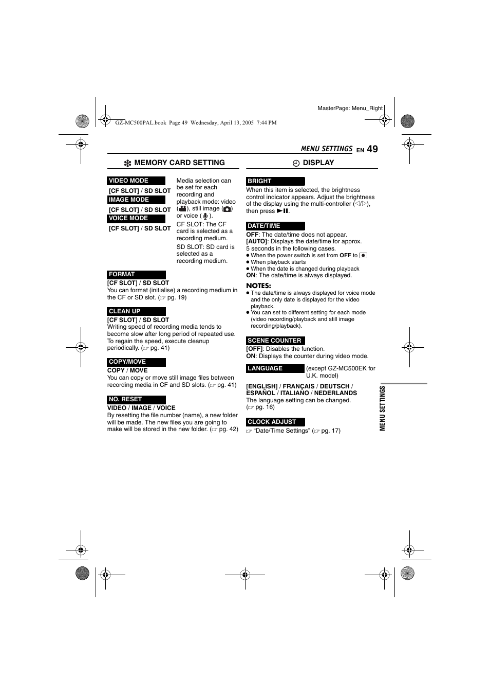 Is not, R (੬ pg. 49), Pg. 49) | Ter (੬ pg. 49), D 49, The camera cont, And 49 | JVC GZ-MC500E/EK User Manual | Page 49 / 64