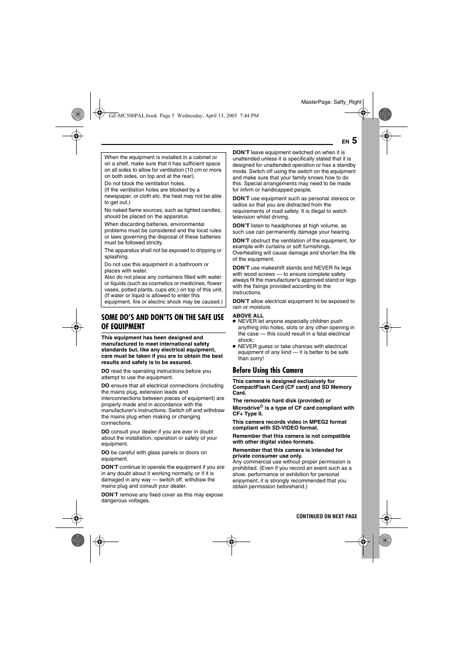 Before using this camera, Some do’s and don’ts on the safe use of equipment | JVC GZ-MC500E/EK User Manual | Page 5 / 64