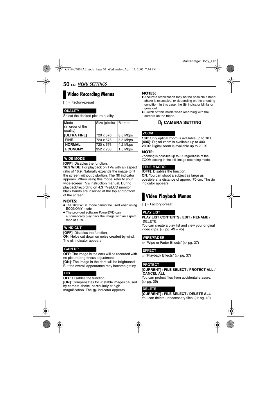 Video recording menus, Video playback menus, Video recording menus video playback menus | R (੬ pg. 50), Pg. 50) | JVC GZ-MC500E/EK User Manual | Page 50 / 64