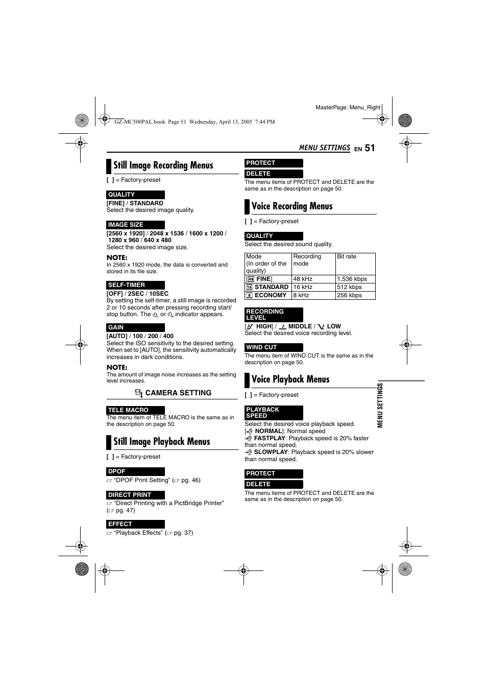 Still image recording menus, Still image playback menus, Voice recording menus | Voice playback menus, Gain) (੬ pg. 51), Pg. 51) | JVC GZ-MC500E/EK User Manual | Page 51 / 64