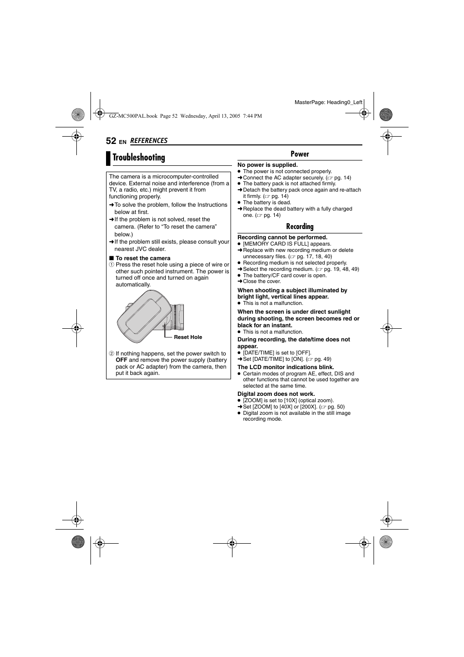References, Troubleshooting, References 52 | Pg. 52) | JVC GZ-MC500E/EK User Manual | Page 52 / 64