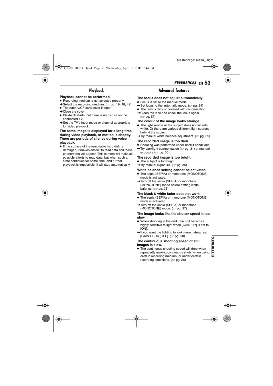 References, Playback, Advanced features | JVC GZ-MC500E/EK User Manual | Page 53 / 64