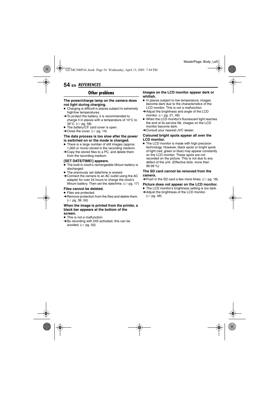 References, Other problems | JVC GZ-MC500E/EK User Manual | Page 54 / 64