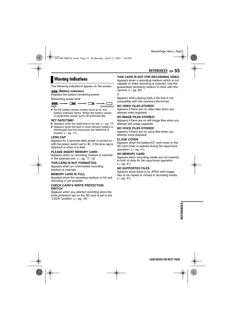 Warning indications, Pg. 55) | JVC GZ-MC500E/EK User Manual | Page 55 / 64