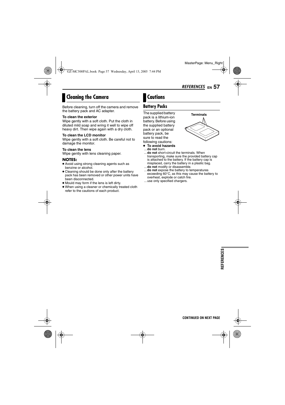 Cleaning the camera, Cautions, Battery packs | Cleaning the camera cautions, Pg. 57) | JVC GZ-MC500E/EK User Manual | Page 57 / 64