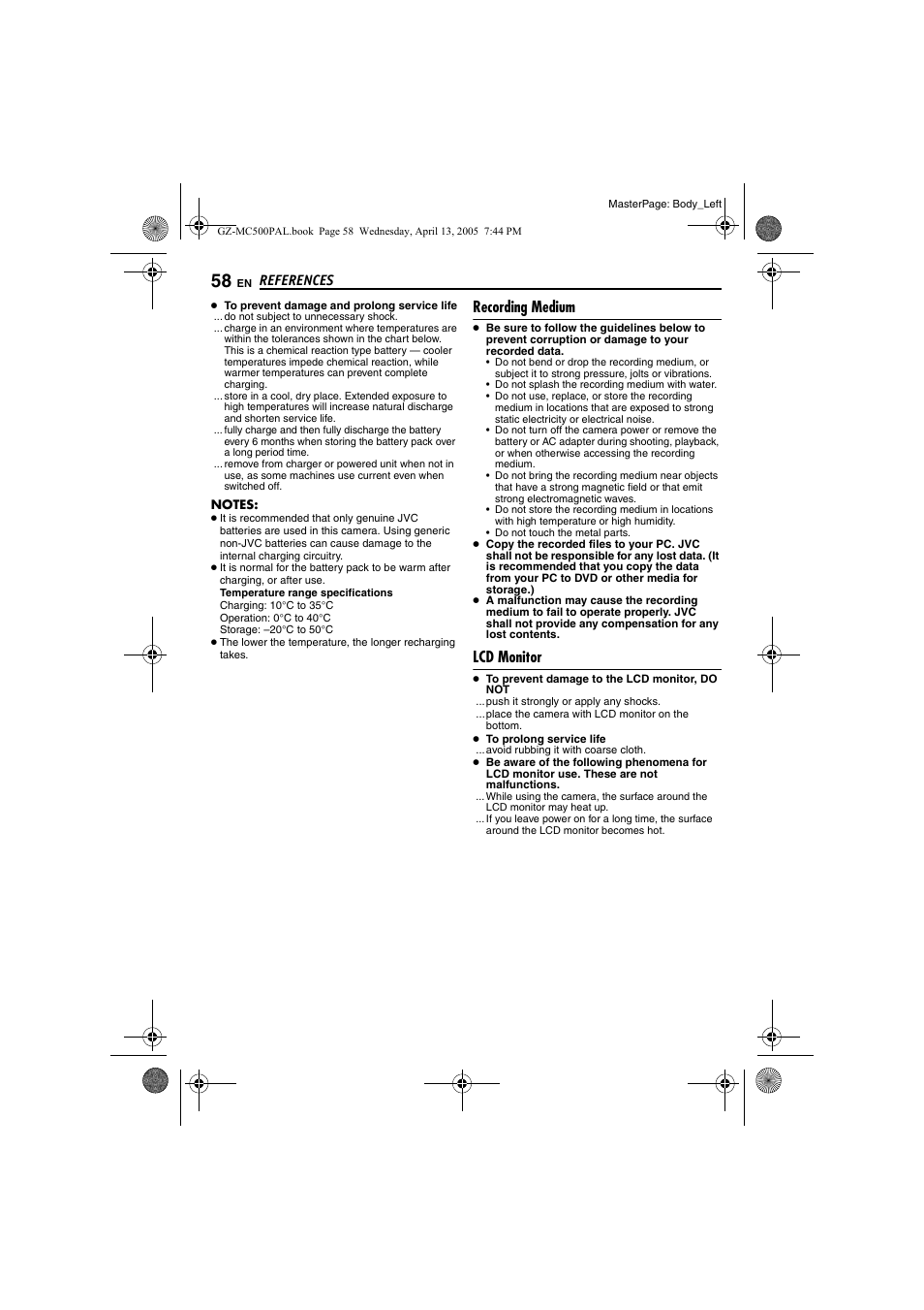 Recording medium, Lcd monitor, Scarding or giving away | Emovab, Pg. 58, Recording medium”), Pg. 58), References | JVC GZ-MC500E/EK User Manual | Page 58 / 64