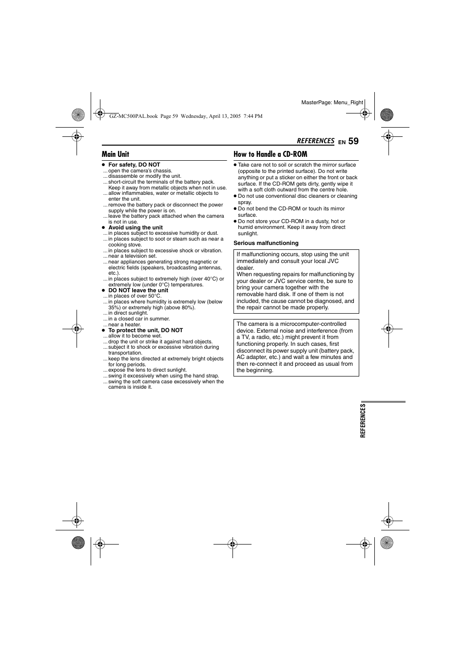 Main unit, How to handle a cd-rom, O 59 | References | JVC GZ-MC500E/EK User Manual | Page 59 / 64