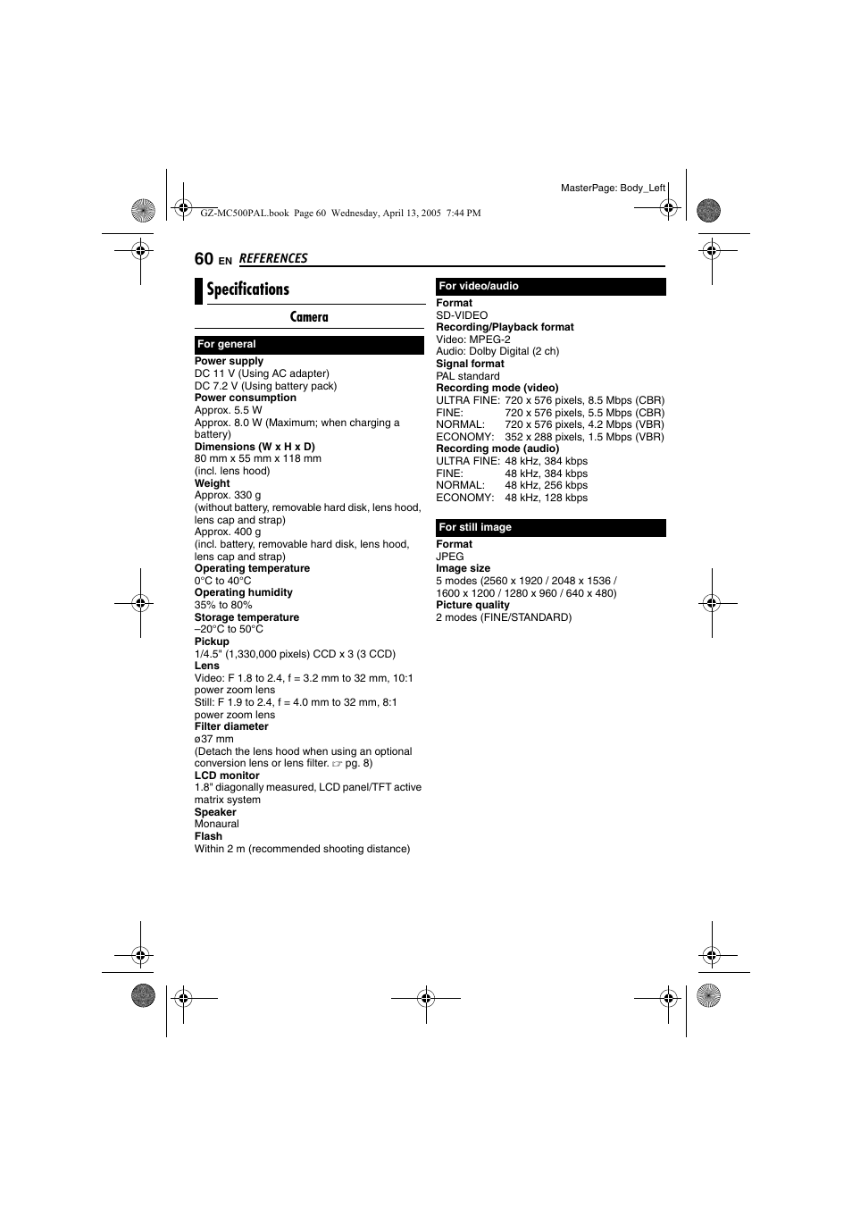 Specifications, Camera | JVC GZ-MC500E/EK User Manual | Page 60 / 64