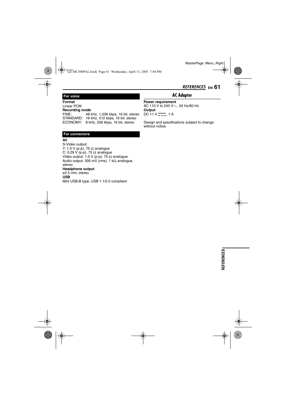 Ac adapter | JVC GZ-MC500E/EK User Manual | Page 61 / 64