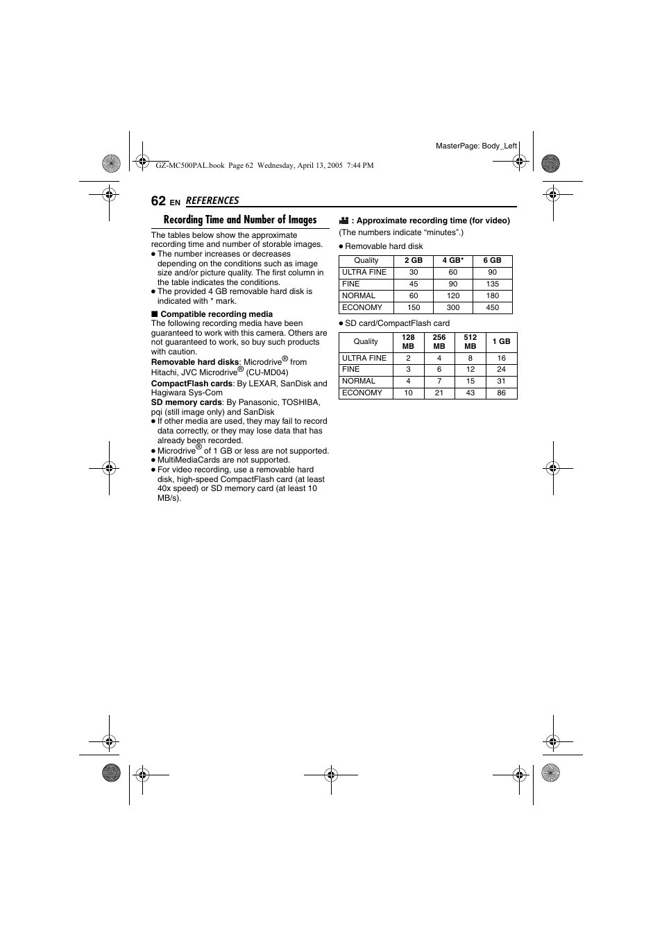 Recording time and number of images, Pg. 62), E 62 | E 62 f, Age 62, 62 f, References | JVC GZ-MC500E/EK User Manual | Page 62 / 64