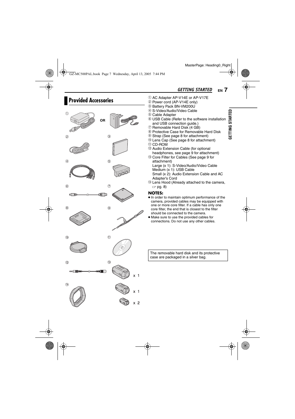 Getting started, Provided accessories | JVC GZ-MC500E/EK User Manual | Page 7 / 64