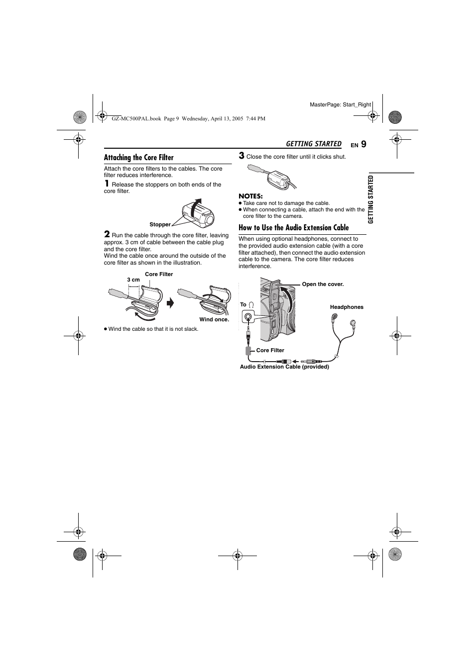 Attaching the core filter, How to use the audio extension cable, Ge 9 | JVC GZ-MC500E/EK User Manual | Page 9 / 64