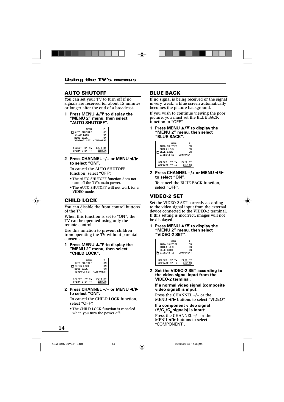 Auto shutoff, Child lock, Blue back | Video-2 set, Using the tv’s menus | JVC AV-16N311 User Manual | Page 14 / 26