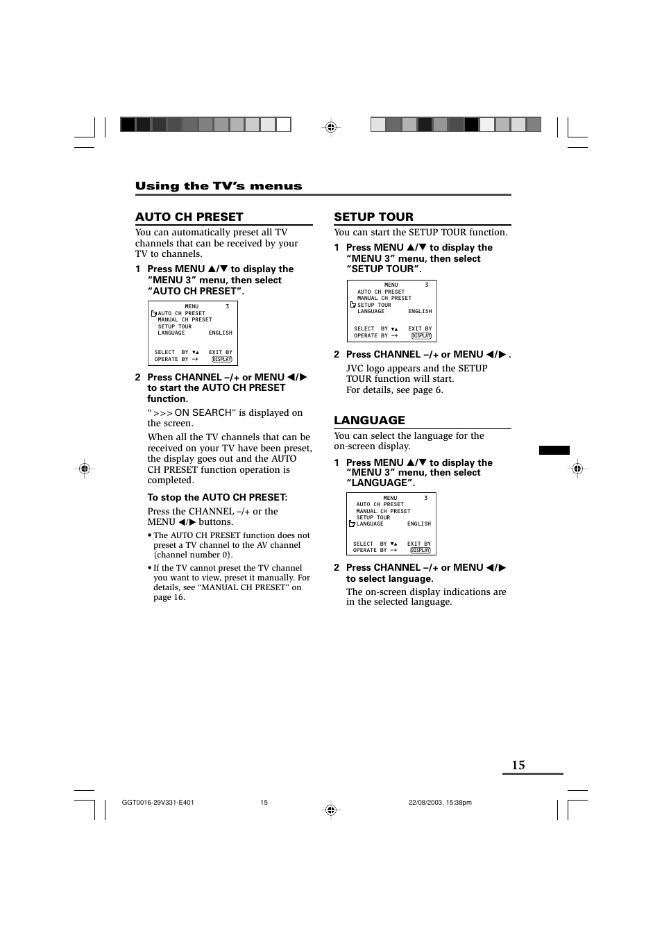 Auto ch preset, Setup tour, Language | Using the tv’s menus | JVC AV-16N311 User Manual | Page 15 / 26