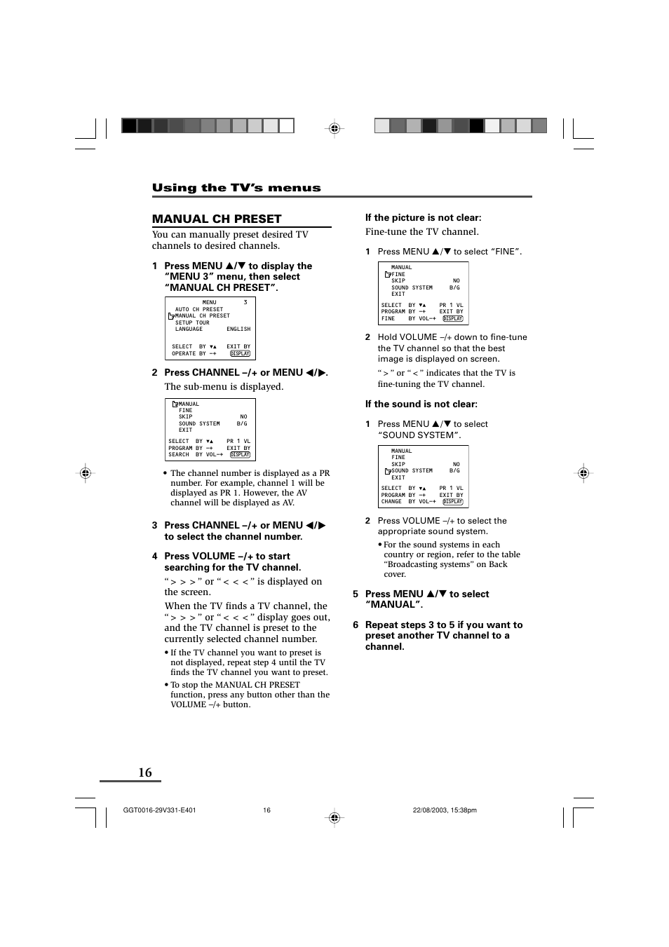 Manual ch preset, Using the tv’s menus | JVC AV-16N311 User Manual | Page 16 / 26