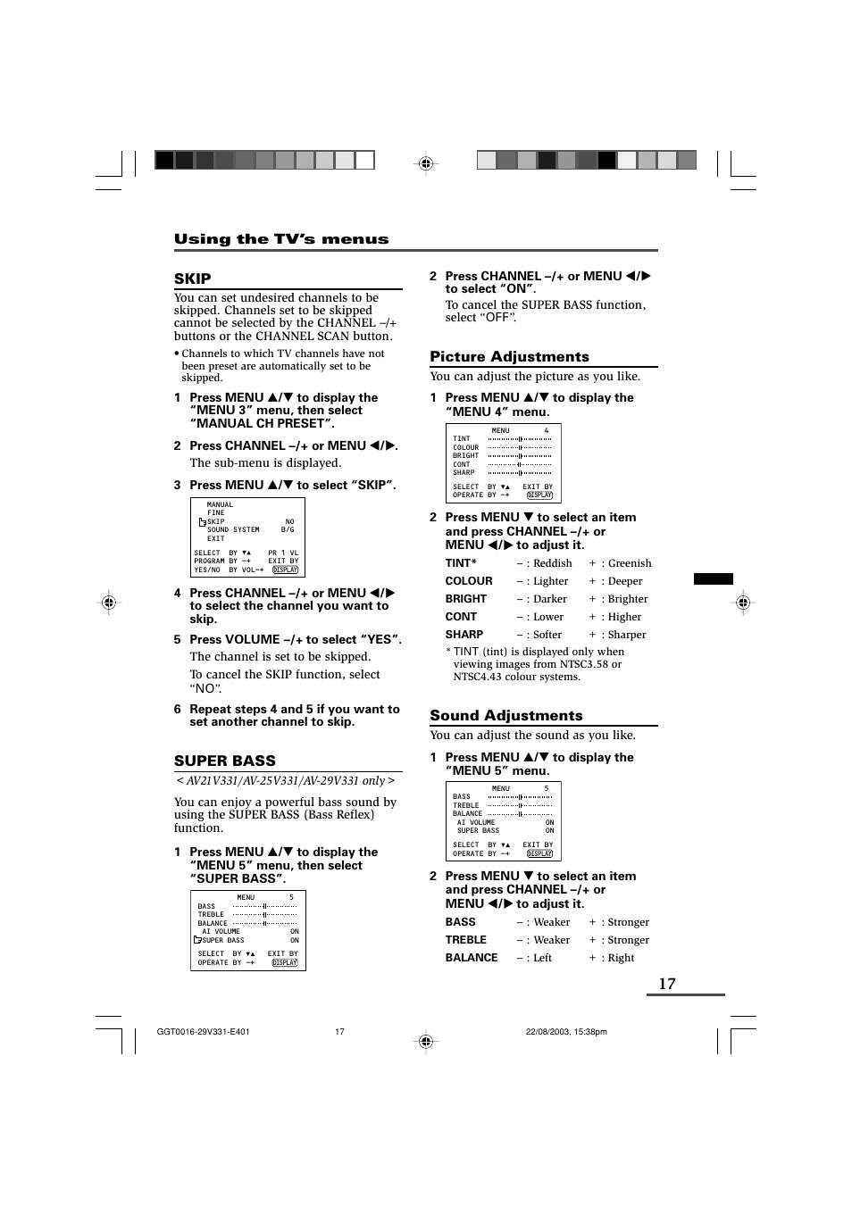 Skip, Super bass, Picture adjustments | Sound adjustments | JVC AV-16N311 User Manual | Page 17 / 26