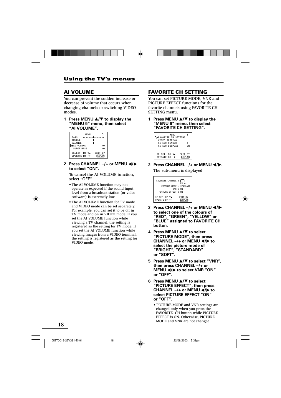 Ai volume, Favorite ch setting, Using the tv’s menus | JVC AV-16N311 User Manual | Page 18 / 26