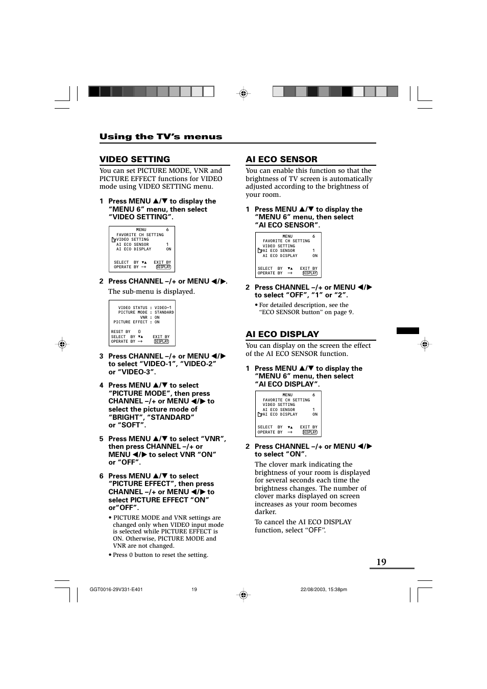 Video setting, Ai eco sensor, Ai eco display | Using the tv’s menus | JVC AV-16N311 User Manual | Page 19 / 26