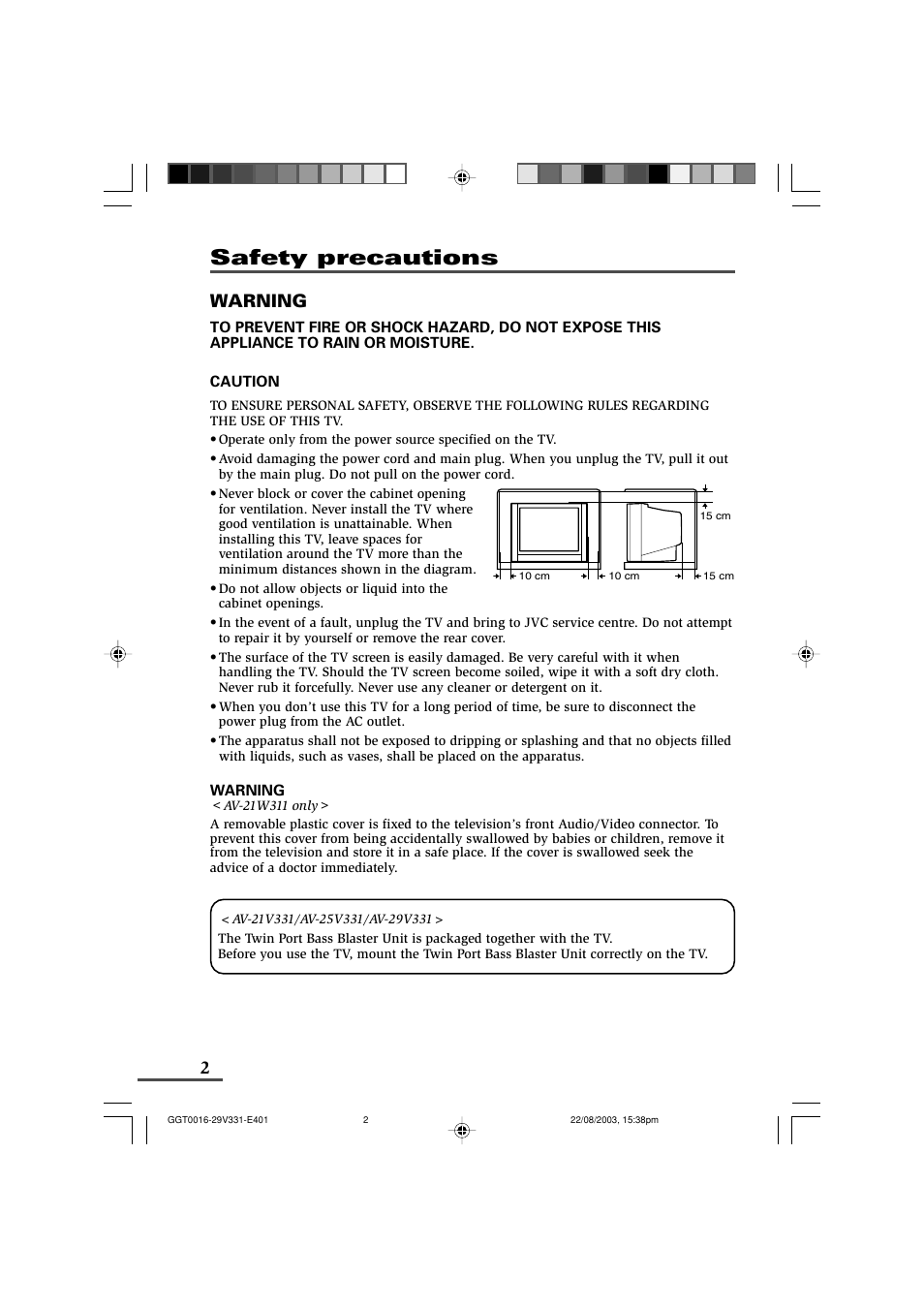 Safety precautions, Warning | JVC AV-16N311 User Manual | Page 2 / 26