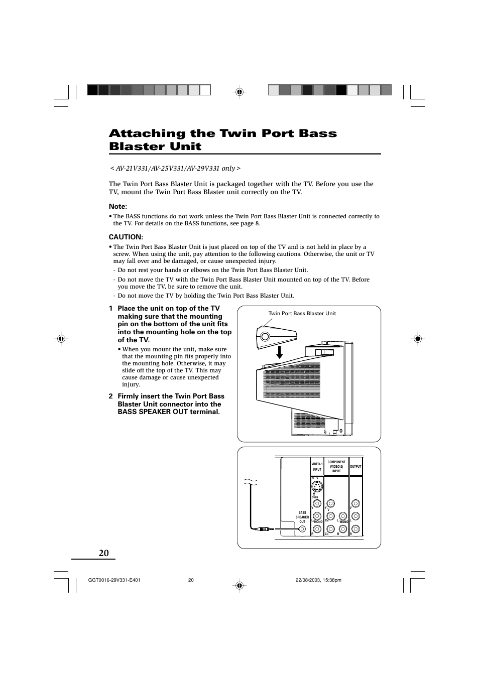 Attaching the twin port bass blaster unit, Caution | JVC AV-16N311 User Manual | Page 20 / 26