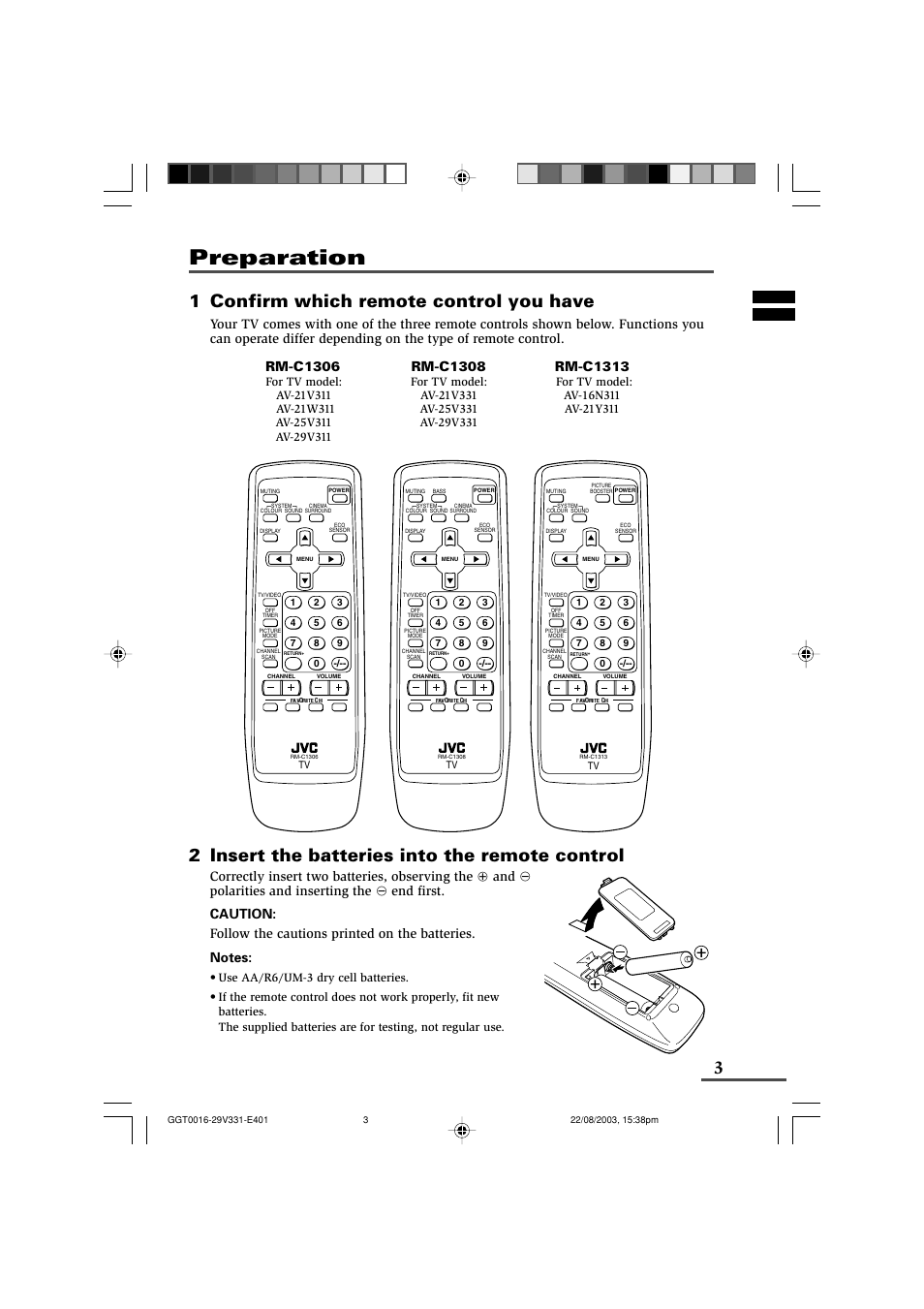 Preparation, 1 confirm which remote control you have, 2 insert the batteries into the remote control | Rm-c1308, Rm-c1313, For tv model | JVC AV-16N311 User Manual | Page 3 / 26