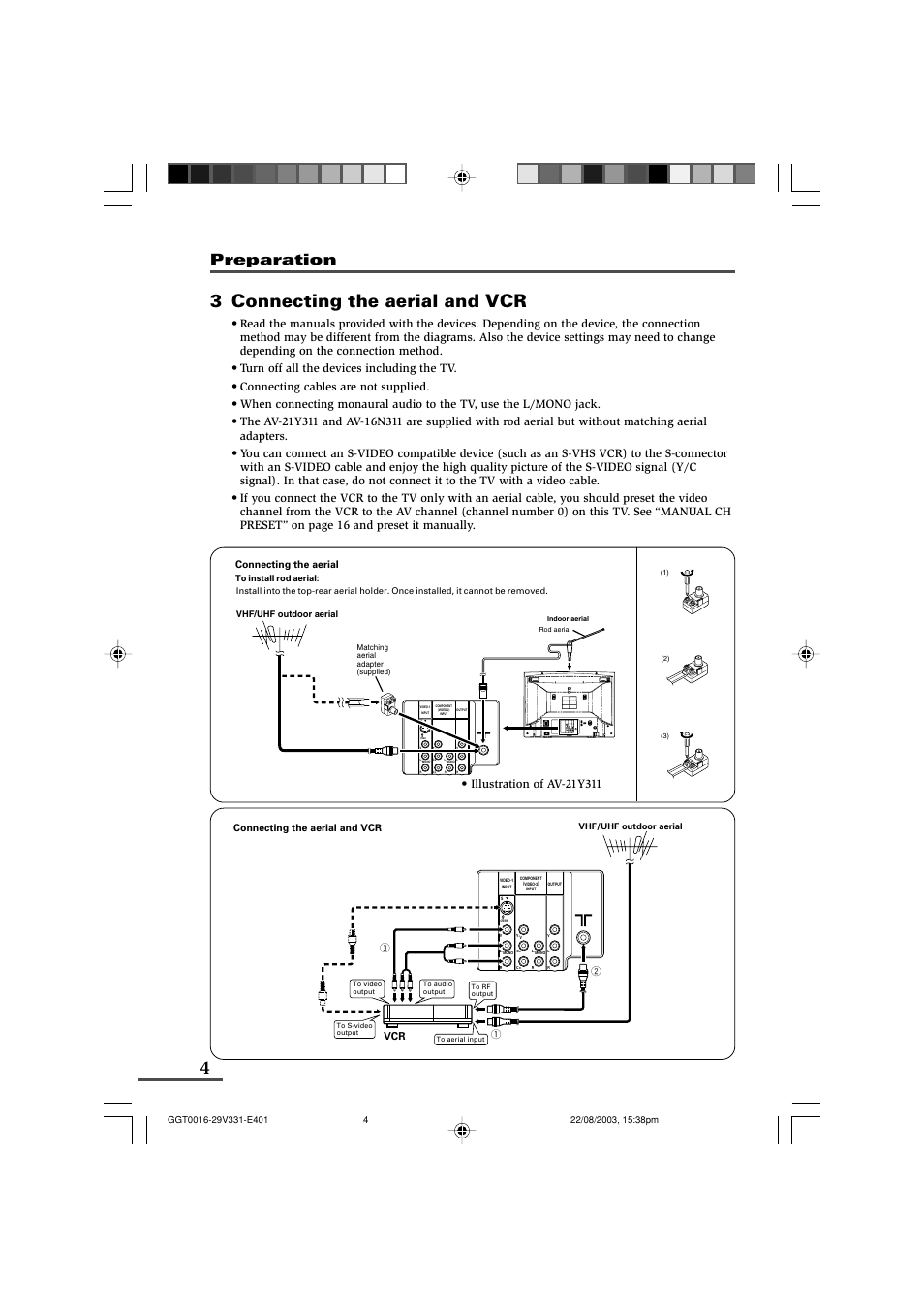 3 connecting the aerial and vcr, Preparation, Connecting the aerial and vcr | Connecting the aerial | JVC AV-16N311 User Manual | Page 4 / 26