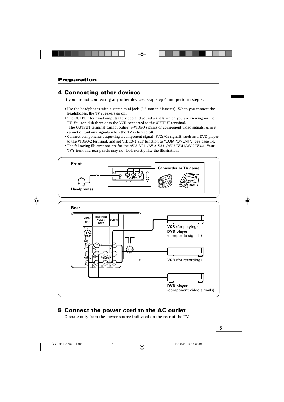 4 connecting other devices, 5 connect the power cord to the ac outlet, Preparation | Front, Rear | JVC AV-16N311 User Manual | Page 5 / 26