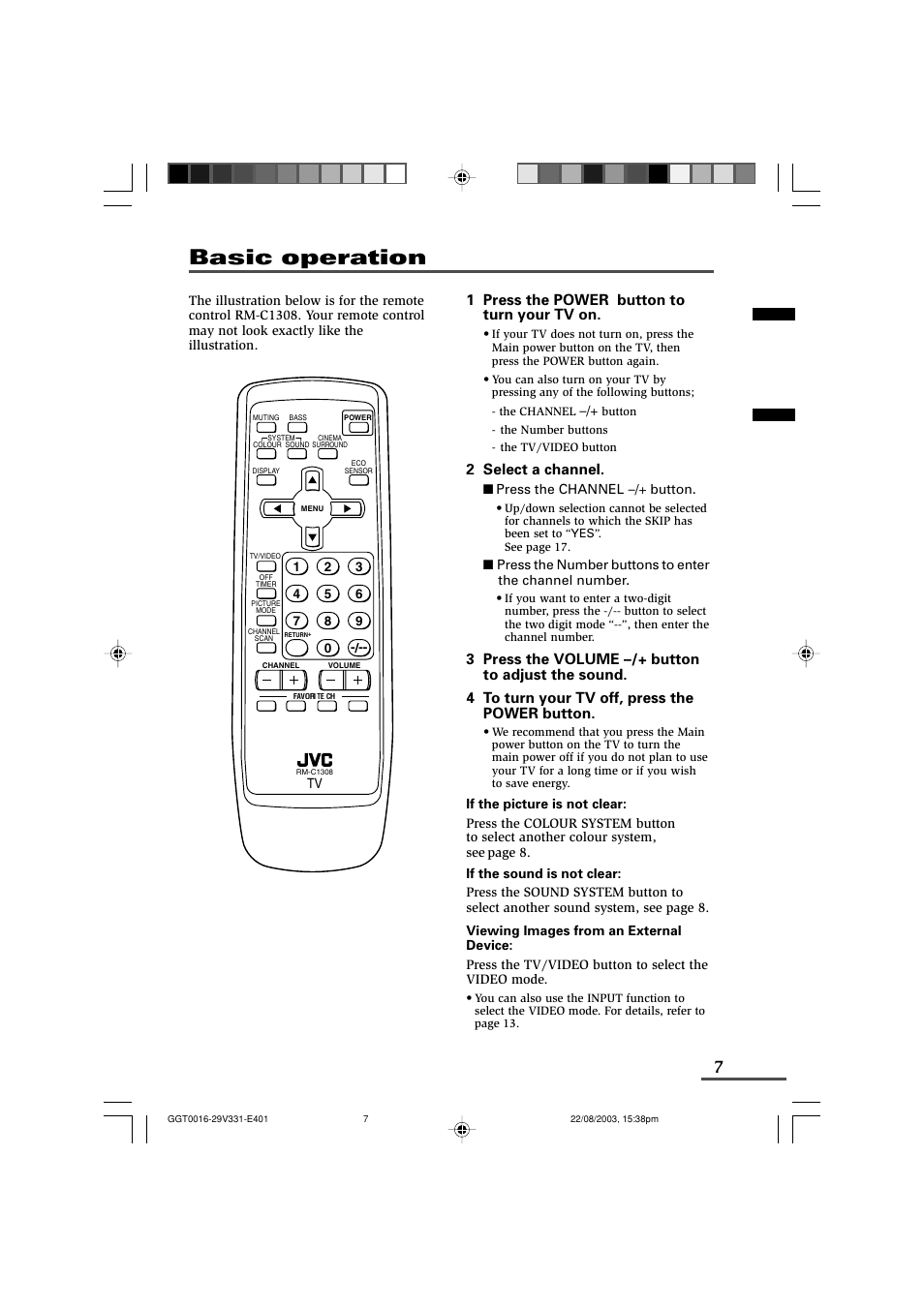 Basic operation, 1 press the power button to turn your tv on, 2 select a channel | JVC AV-16N311 User Manual | Page 7 / 26