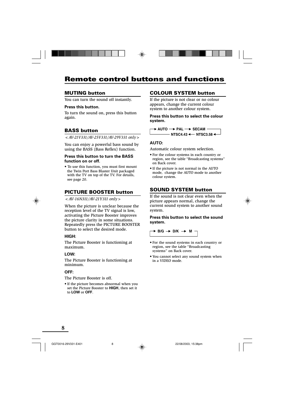 Remote control buttons and functions | JVC AV-16N311 User Manual | Page 8 / 26