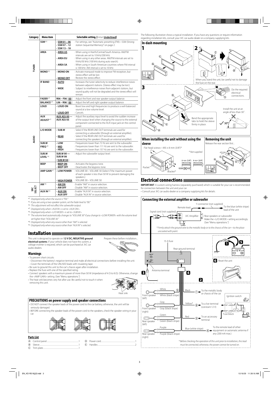 Installation, Electrical connections, Warnings | Connecting the external amplifier or subwoofer | JVC 1009DTSMDTJEIN User Manual | Page 3 / 4