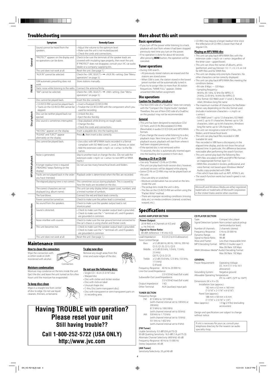 Troubleshooting, More about this unit, Maintenance | Specifications, Basic operations, Tuner operations, Disc operations | JVC 1009DTSMDTJEIN User Manual | Page 4 / 4