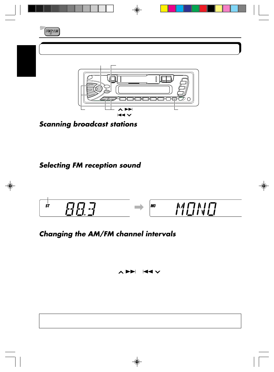 Other convenient tuner functions, Scanning broadcast stations, Selecting fm reception sound | Changing the am/fm channel intervals | JVC KS-FX12 User Manual | Page 8 / 21