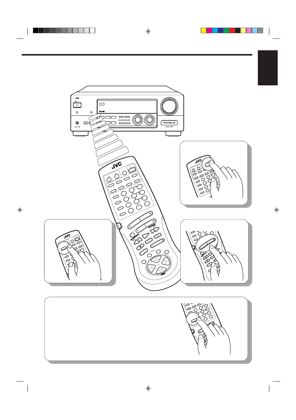 Select the source, Adjust the volume, Turn on the | Power, English, Tuning down tuning up menu, Tuning up, Tuning down tuning up | JVC RM-SR774XU User Manual | Page 11 / 76