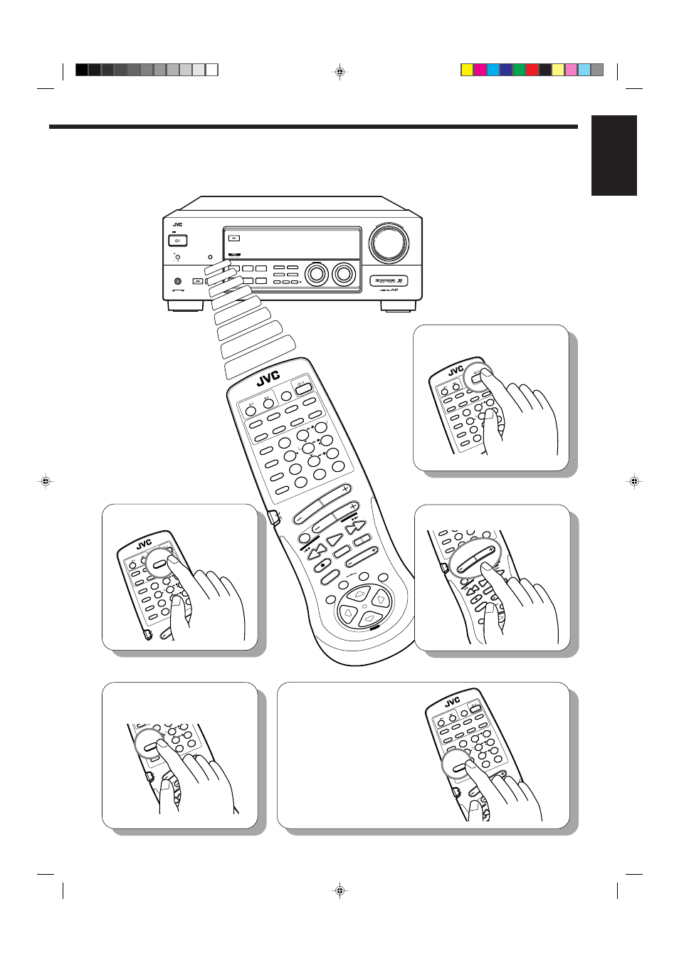 Select an appropriate dsp mode, Select the source, Adjust the volume | Turn on the, Power, English, Tuning up, Tuning down tuning up menu, Tuning down tuning up | JVC RM-SR774XU User Manual | Page 9 / 76