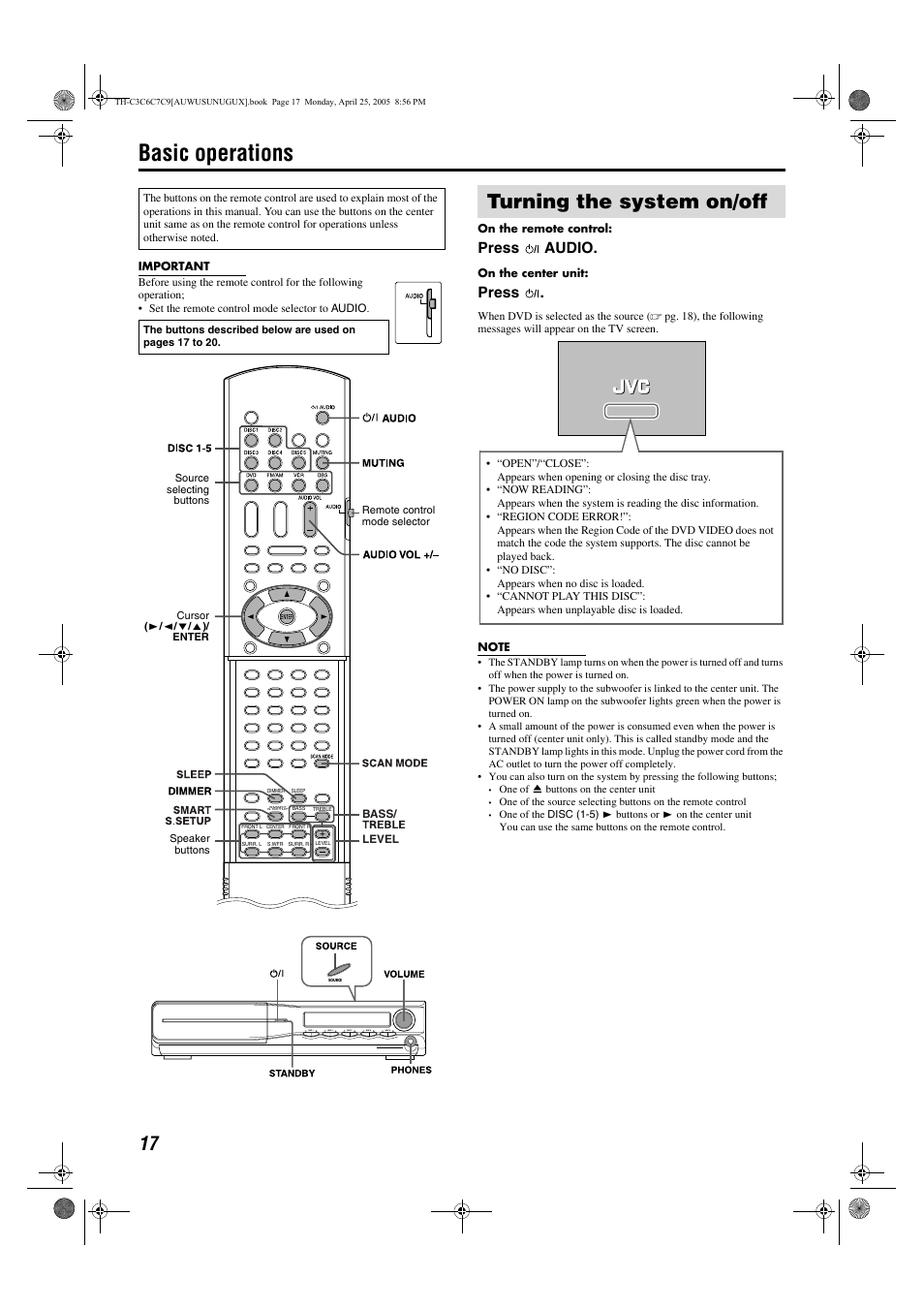 Basic operations, Turning the system on/off, Press audio | Press | JVC GVT0150-008UX User Manual | Page 20 / 97