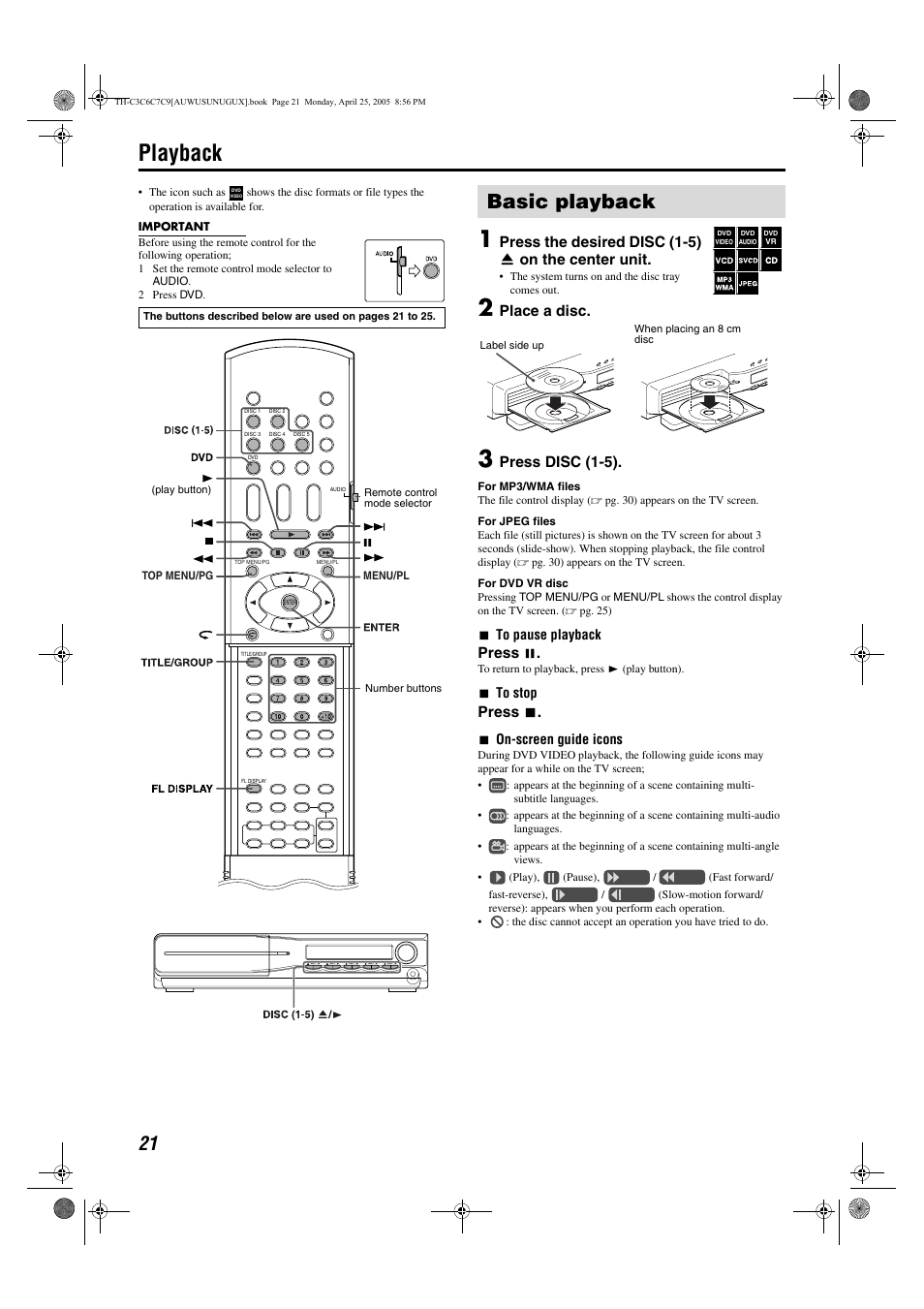 Playback, Basic playback, Press the desired disc (1-5) 0 on the center unit | Place a disc, Press disc (1-5), Press 8, Press 7 | JVC GVT0150-008UX User Manual | Page 24 / 97