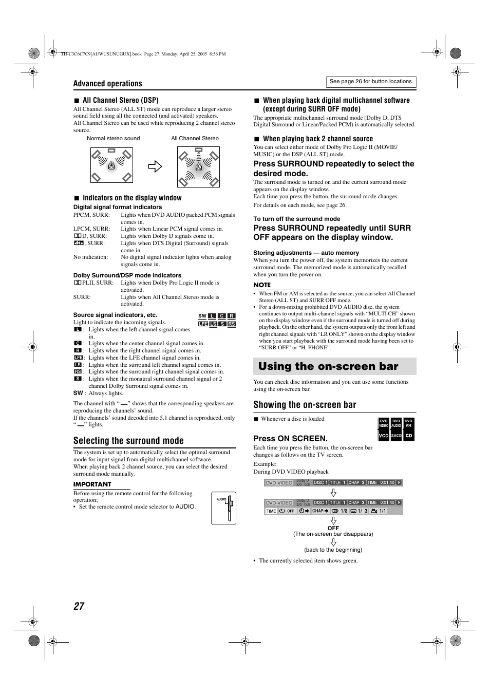 Using the on-screen bar, Selecting the surround mode, Showing the on-screen bar | Advanced operations, Press on screen | JVC GVT0150-008UX User Manual | Page 30 / 97